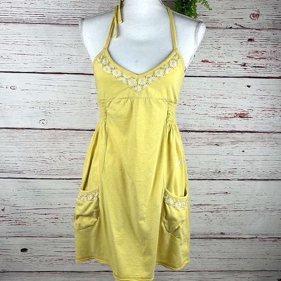 Vintage Y2K Volcom Yellow Babydoll Halter Dress with Pockets Size Small - Picture 1 of 7